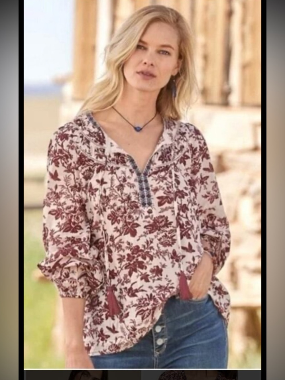 Sundance Loise Toile Long Sleeve Peasant Floral Cotton Boho Blouse Top Size L